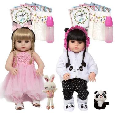 Imagem de 2 Boneca Reborn Gêmeas Pandinha Coelhinha Enxoval 27 Itens - Cegonha R