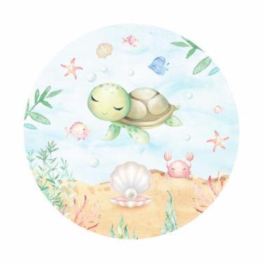 Imagem de Painel de Lona Redondo Fundo do Mar Tartaruga Cute Peixes Aquarela - F