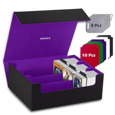 Imagem de Komick Caixa de baralho de cartas para mais de 1800 – Caixa de baralho MTG forrada de microfibra de couro PU para YuGiOh, beisebol, Final Fantasy MTG, grande caixa de armazenamento mágica (preto/roxo)