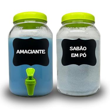 Imagem de KIT LAVANDERIA 1 POTE PARA SABÃO EM PÓ E UM POTE COM TORNEIRA PARA SABÃO LIQUIDO OU AMACIANTE, AMBOS COM 3 LITROS COM LOUSA E GIZ
