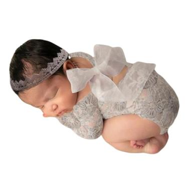Imagem de Acessório para fotografia de bebê, macacão de renda, roupa de sessão de fotos para meninas recém-nascidas, tiara de flores, fantasia de princesa, Cinza C, 0-30 days