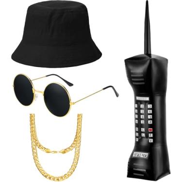 Imagem de meekoo Kit de fantasia de hip hop anos 80/90, roupas legais de rapper para homens e mulheres, acessório para cosplay para festa de Halloween, Preto, bucket hat approx. 58 - 60 cm/ 22.83 - 23.62 inch