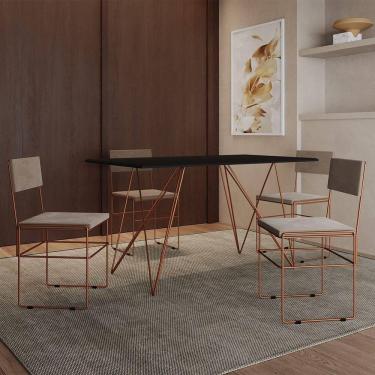 Imagem de Mesa Jantar Industrial Trama 1,40x0,80m Preta Com 4 Cadeiras Estofadas Vitória Bege E Cobre Marrom