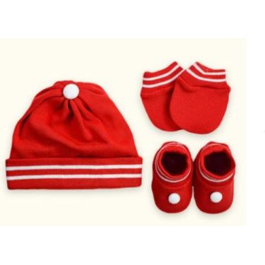 Imagem de Kit Touca Luva e Sapatinho Tricot Tricô VERMELHO LISTRADO para Bebê RN
