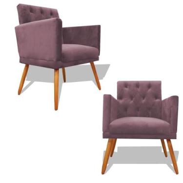 Imagem de Kit Decorativo Duas Poltrona Nina Retro Pés Palito Suede Rosê Com Roda