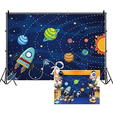 Imagem de Haoyiyi Pano de fundo do espaço sideral de 1,5 x 0,9 m, universo, planeta, astronauta, foguete, nave espacial, desenho animado, galáxia, fotografia, menino, festa de aniversário, chá de bebê, escola,