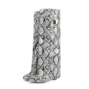 Imagem de Rock88 Botas femininas dobráveis, bico fino, salto cunha com cadeado, botas com estampa de cobra com zíper lateral para festa de casamento e vestido de encontro, cinza, 39