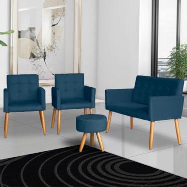 Imagem de Kit Poltrona para Sala de Espera Recepção Namoradeira 2 Poltronas Decorativas e Puff (Azul Marinho)
