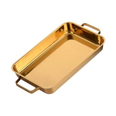 Imagem de Gralara Assadeira de aço inoxidável, travessa de servir alimentos com alças, travessa retangular, assadeira para lasanha, carne de peru, Ouro