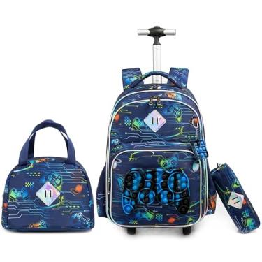 Imagem de Egchescebo Mochila Escolar Infantil com Rodinhas para Menino e Crianças Rodas Bolsa Mala Carrinho 17” 3PCS Lancheira Juvenil Estojo Costas Divertidamente Toy Brinquedos de Gamepad Azul