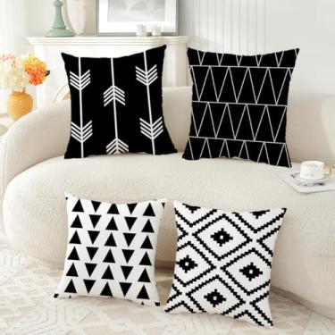 Imagem de ZHLF Pacote com 4, capas de almofada geométricas pretas e brancas 45,7 x 45,7 cm, capa decorativa moderna geométrica dupla face, capas de almofada macias para sofá, cama, decoração de sala de estar