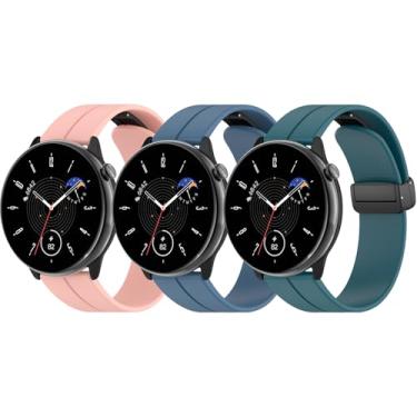 Imagem de Pacote com 3 pulseiras de relógio de silicone compatíveis com Amazfit GTS 2/GTS 2 mini/GTS 3/GTS 4/GTS 4 mini/GTR mini, pulseiras magnéticas com fivela dobrável de 20 mm para Amazfit Bip U Pro/Bip