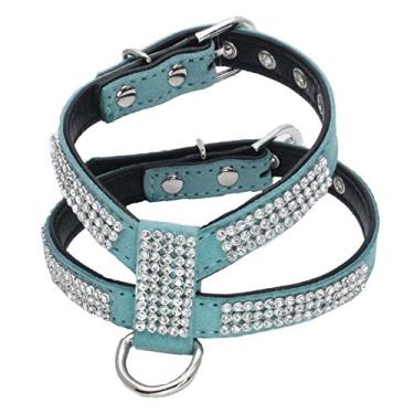 Imagem de Dogs Kingdom Peitoral de couro brilhante para cães de estimação personalizado com strass, pequeno, médio, chihuahua, azul, G