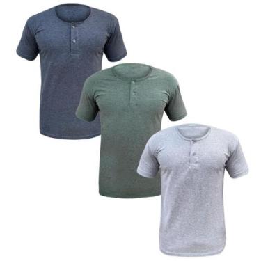 Imagem de Kit 3 Camisa Henley Camiseta Slim Botão Manga Curta Algodão Não Amassa
