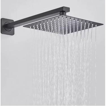 Imagem de Chuveiro Quadrado de Teto, 20 x 20 cm, Acabamento Fosco Preto, com Braço de Chuveiro