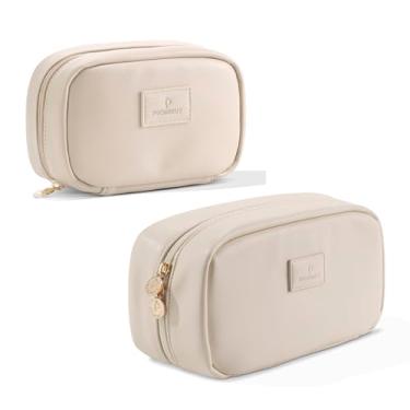 Imagem de Pocmimut Bolsa de maquiagem de couro PU, bolsa de maquiagem para viagem, bolsa de maquiagem plana aberta para bolsa, bolsa de maquiagem para mulheres, bege, Small+Large