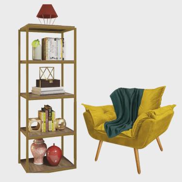 Imagem de Kit Poltrona Fatte com Manta Soft Verde e Estante Livreiro Ferro Dourado mdf Carvalho Suede Amarelo - Ahazzo Móveis