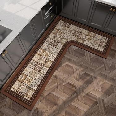 Imagem de BANEBOR Tapete e tapetes de cozinha em forma de L, 1 peça de tapete de cozinha com estampa floral antiderrapante na frente da pia, tapete Cornor para casa (Marrocos marrom esquerdo G, 79 x 140 cm)