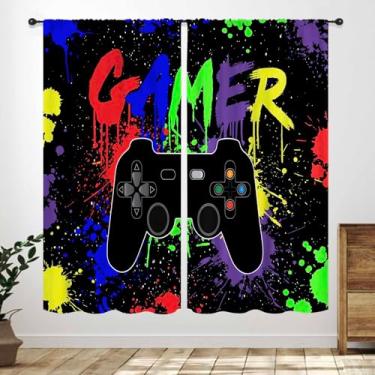 Imagem de Cortinas de jogos para quarto de meninos, gamepad colorido com tema de videogame, sala de jogos, sala de estar, bolso para varão, tratamentos de janela, 2 painéis, 106 x 137 cm