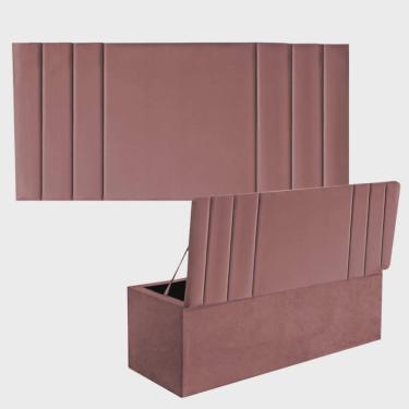 Imagem de Kit Painel Cabeceira Estofada e Calçadeira Baú Recamier Grécia 160cm Queen Size Suede R...
