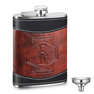 Imagem de Baderke Cantil personalizado de padrinhos de 236 ml de aço inoxidável monograma garrafa anca para homens couro presente de aniversário de Natal para pai vovô casamento (letra E)