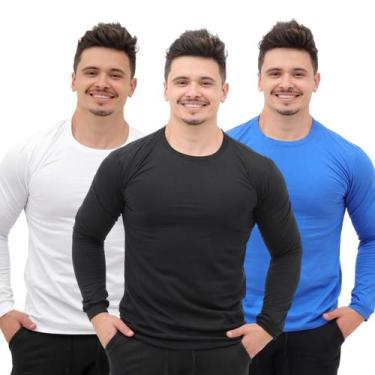 Imagem de Kit 3 Camisetas Masculina Manga longa Algodão Segunda pele com punho -