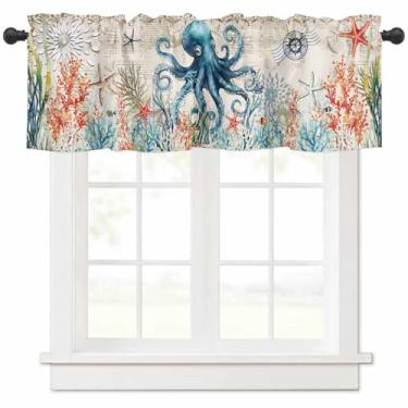 Imagem de EZON-CH Cortina de cortina para cozinha, verão, oceano, polvo, coral, algas marinhas, filtro vintage, isolamento térmico, para decoração de banheiro, sala de estar, (1 painel, 137 x 45 cm)
