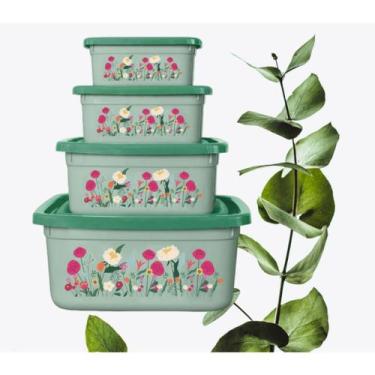 Imagem de Kit 4 Potes Verde Quadrados Floral - Pra vc