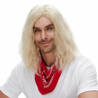 Imagem de MEDISIFA Peruca Longa Loira Cacheada Masculina, Comprimento Dos Ombros, Ondulada, Para Homens, Hippie, Anos 60 E 70, Festa, Cosplay, Fantasia, Anime
