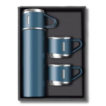 Imagem de Conjunto de Garrafa Térmica 500ml com 3 Canecas em Inox, para Bebidas Quentes e Frias, (AZUL)