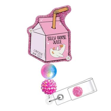 Imagem de Horee Carretel de crachá retrátil com clipe jacaré, porta-cartão de identificação de enfermeira de acrílico com glitter, design divertido (Silly Goose Juice)
