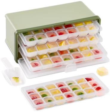 Imagem de Bandeja de gelo com tampa, bandeja de gelo para freezer com lixeira, bandeja de gelo quadrada de fácil liberação, molde de cubo de gelo de grande capacidade com 3 bandejas para bebidas, uísque