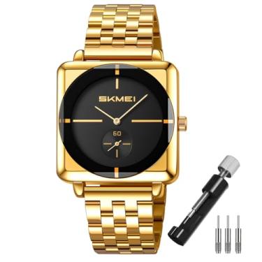 Imagem de SKMEI Relógios quadrados para homens, simples, negócios, aço inoxidável, moderno, analógico, quartzo, presente para pais, pai, dourado, preto, G2413gold