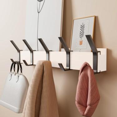 Imagem de MOKIUER Suporte de parede para cabide | Cabideiro de 43 cm com 5 ganchos duplos removíveis | Ganchos de casaco para chapéu, chave, mochila, toalha, gancho de parede de madeira branco