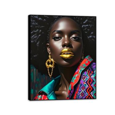 Imagem de Arte de parede de menina negra afro-americana colorida preta africana com lábios emoldurados para sala de estar quarto decoração de casa 50 x 40 cm (20 x 16 pol) moldura preta