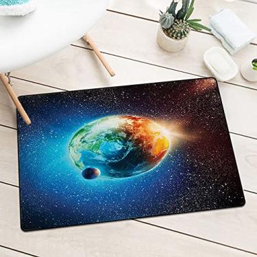 Imagem de Tapete de entrada de nível comercial do espaço sideral, planeta Terra com elementos de raios solares, astronomia, atmosfera, céu, imagem de lua de satélite, lavável na máquina, L40 x C 60 cm, vermelho