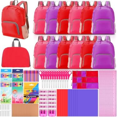 Imagem de Dansydaisy 12 conjuntos de 180 peças de mochilas a granel com material escolar essencial de volta às aulas inclui mochilas, cadernos, lápis, réguas, lápis de cera, borrachas e mais para a escola (cor