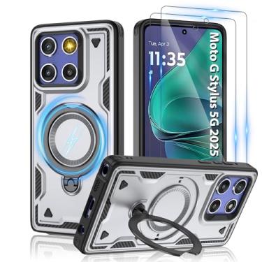 Imagem de Capa magnética para Motorola Moto G Stylus 5G 2025, compatível com MagSafe e [protetor de tela HD × 2], suporte giratório de metal, proteção anti-impressão digital à prova de queda de grau militar