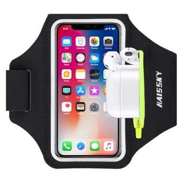 Imagem de HAISSKY Braçadeira de corrida com airpods bolsa braçadeira de celular para iPhone 11/11 Pro/XR/XS/8/7, capa de celular esportiva resistente à água com tela sensível ao toque e compartimento para chave de carro para telefone de 6,5 polegadas, Black (Up to 6.5'')
