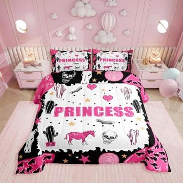 Imagem de Erosebridal Jogo de cama casal rosa e preto, cavalo do oeste selvagem, edredom para meninas e adolescentes, edredom de caveira de touro, decoração de quarto de princesa vaqueira, 2 fronhas respiráveis