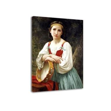 Imagem de LXURY Bouguereau.Menina cigana com um tambor basco. Reprodução de pinturas famosas. Arte de parede em tela. Pôsteres e impressões. Imagem para decoração de casa 60 x 90 cm Moldura interna