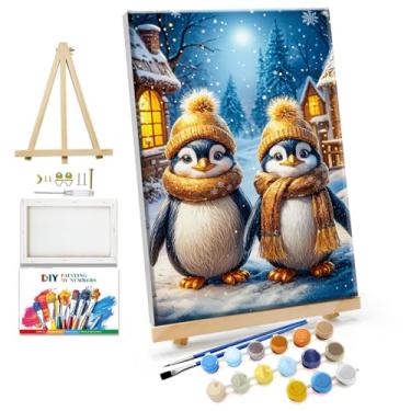 Imagem de JOOZ Kit de pintura por números para adultos com moldura, pinguins, pintura por número, com cavalete de Natal, kits de pintura a óleo para cenas de inverno emolduradas faça você mesmo, kits de pintura