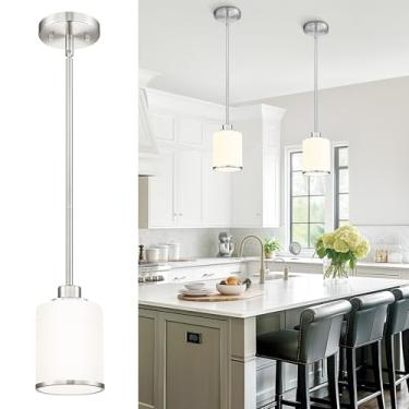 Imagem de Beionxii Luzes pendentes de níquel escovado ilha de cozinha, luminárias suspensas com vidro de leite, iluminação pendente de cozinha sobre ilha, luzes suspensas para pia, sala de jantar, entrada