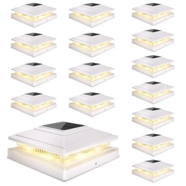 Imagem de Pacote com 16 lâmpadas solares para ambientes externos, poste de cerca à prova d'água, luzes solares para postes de madeira/vinil, 10 x 15 x 15 cm, postes de madeira/vinil, luzes brancas com 2 modos