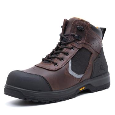 Imagem de MWORK Botas de trabalho masculinas de couro ASTM F2413-18 com bico de segurança composto com classificação EH, suporte de arco antifadiga, Marrom Ct, 46