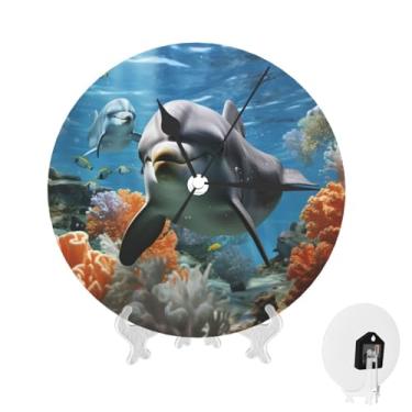 Imagem de GlbnSHeric Relógio de parede silencioso, sem tique-taque, relógio de 25 cm, golfinho no recife de coral, relógio analógico para banheiro, decorativo, redondo, moderno, decoração de parede, relógio