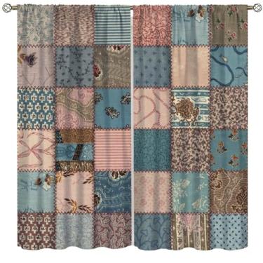 Imagem de Cortinas florais country patchwork, design de emenda de flores boho vintage, estampado, bolso de haste, escurecimento, tratamentos de janela para sala de estar, quarto, café, 106,7 cm L x 114,3 cm C