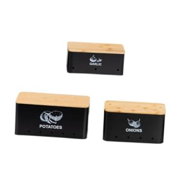 Imagem de Fenteer Organizador de despensa de lata para armazenamento de vegetais 3 peças, recipiente de metal multifuncional para armazenamento de batatas e cebolas, Preto