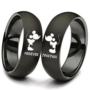 Imagem de XAHH Alianças para casal de aço de titânio para ele e ela, Mickey Mouse Kiss Forever Together, aliança de casamento preta 【Compre dois anéis para um par】, 13, Metal, titânio