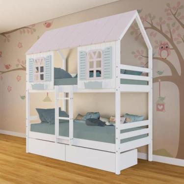 Imagem de Beliche Casinha Bela com 2 Gavetas - Madeira Maciça Branco/Rosa/Verde 